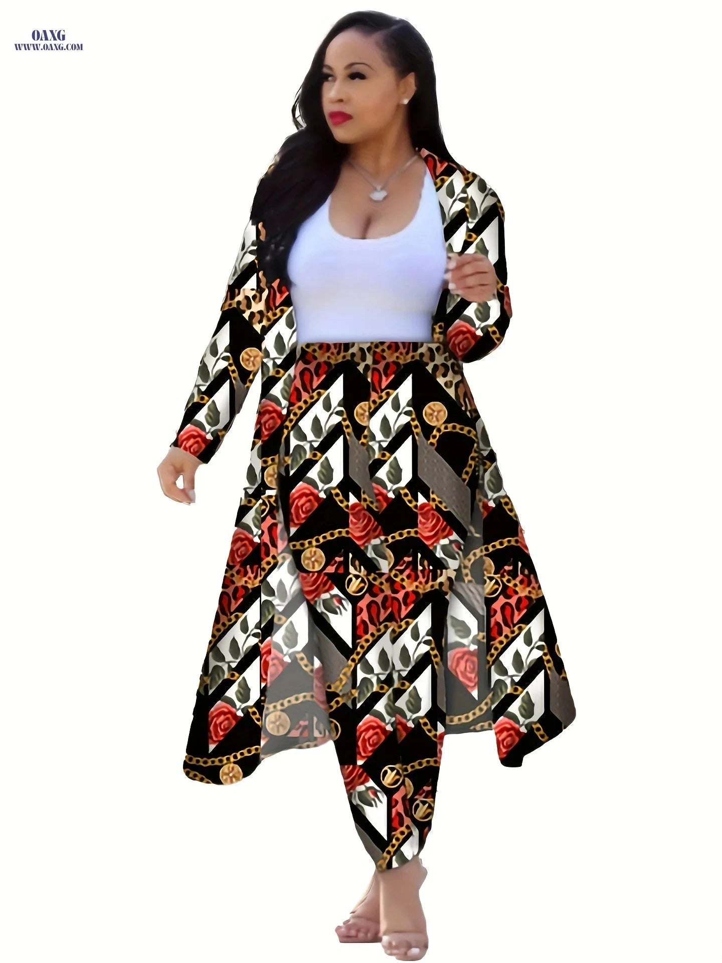 Casual Chain Print Two-Piece Set - Long Sleeve Coat & High Waist Pants   OAXG 