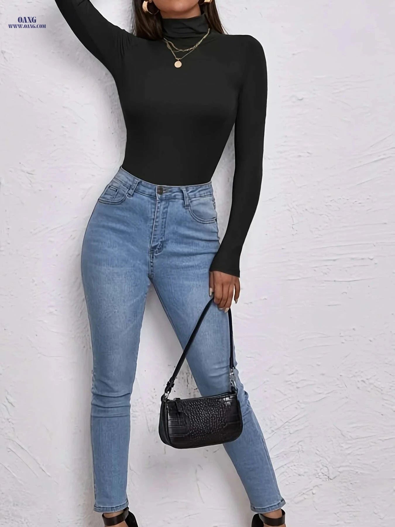 Casual Chic Women's High-Neck Crop Top - Stretchy Polyester Blend   OAXG 