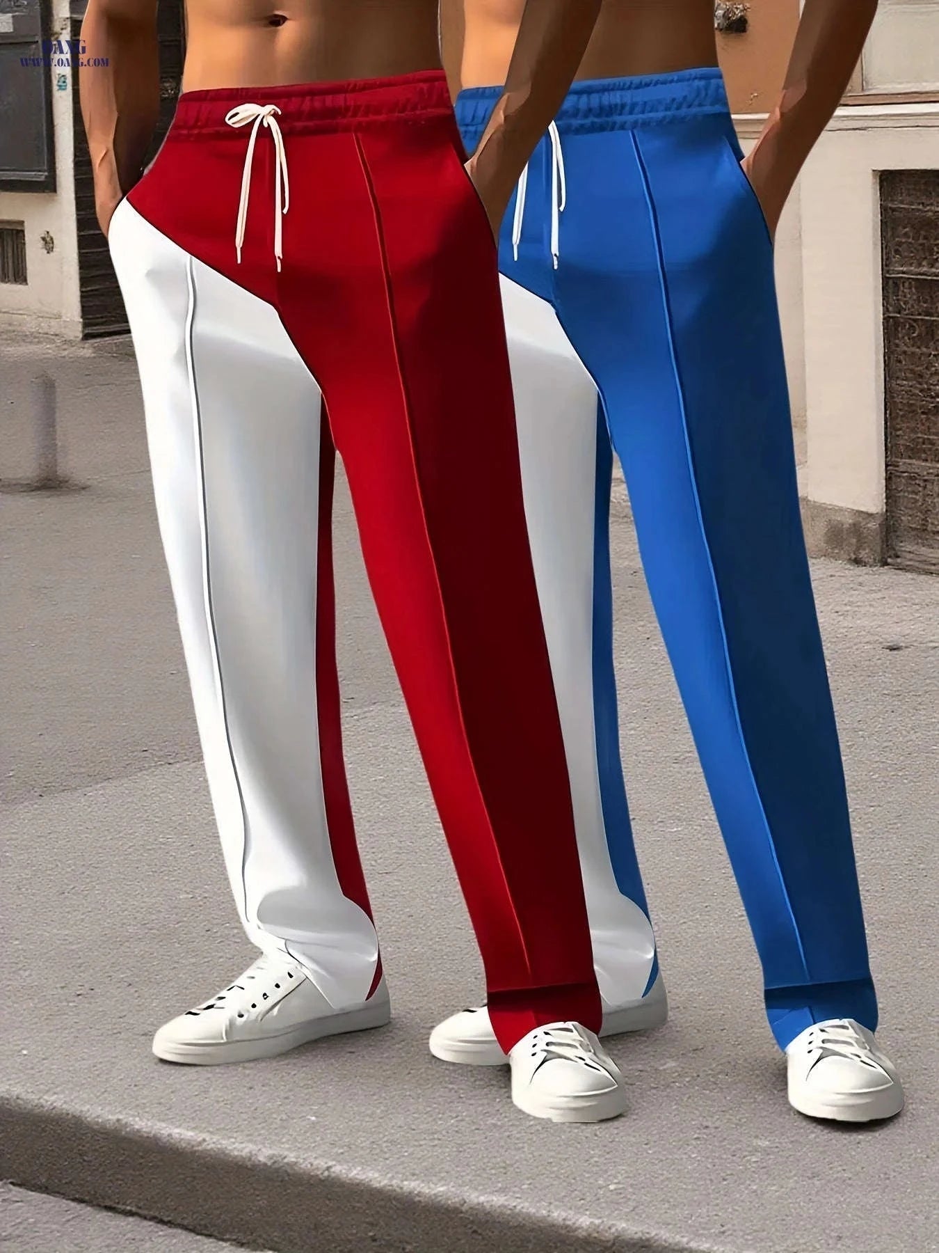 Casual Color-Block Fashion Pants for Men - Drawstring, Machine Washable   OAXG Red + Black 2 pieces / FR S