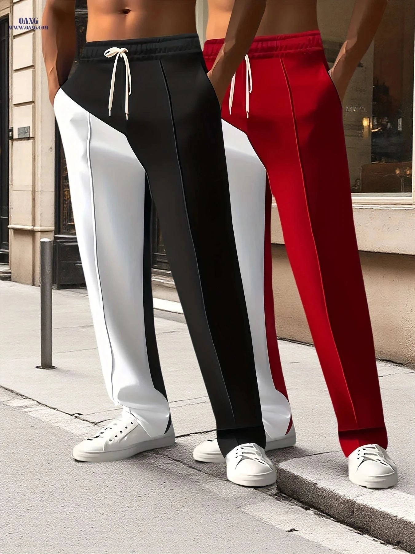Casual Color-Block Fashion Pants for Men - Drawstring, Machine Washable   OAXG Red + Black 2 pieces / FR S