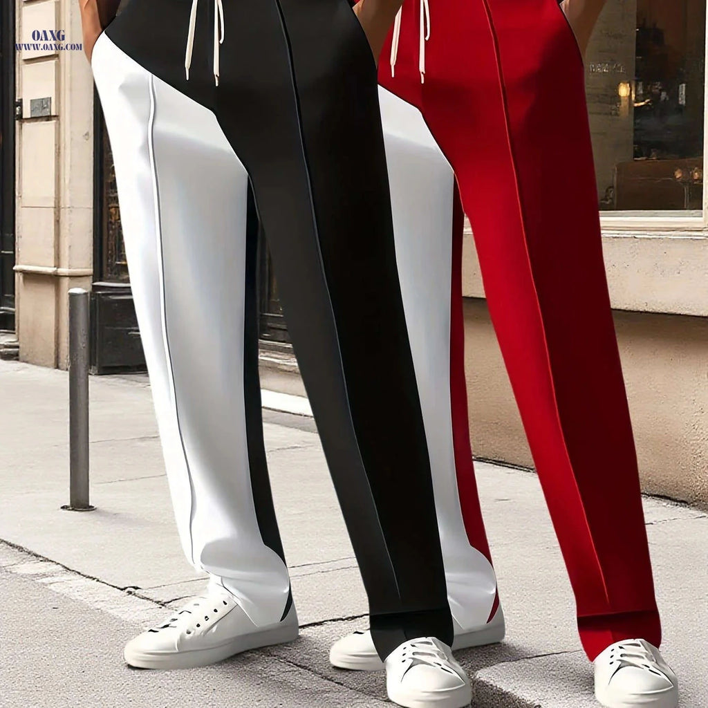 Casual Color-Block Fashion Pants for Men - Drawstring, Machine Washable   OAXG Red + Black 2 pieces / FR S