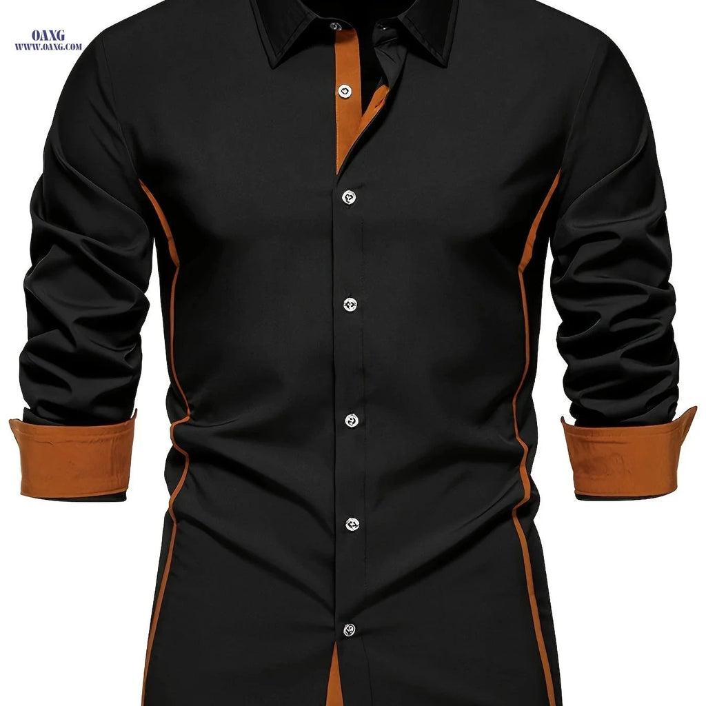 Casual Color Block Men's Long Sleeve Shirt - Spring/Fall Style   OAXG Black / FR S