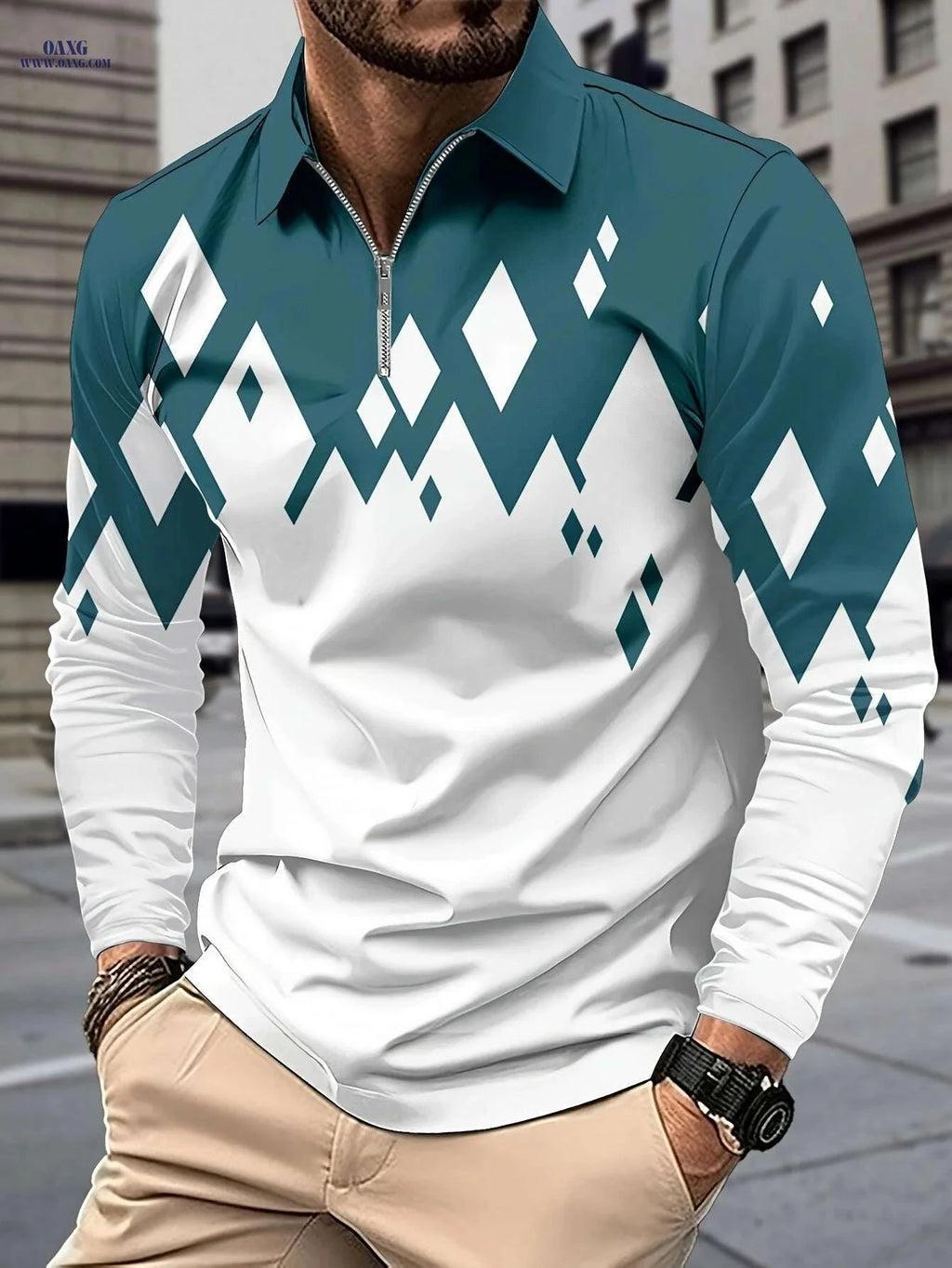 Casual Color Block Men's Long Sleeve Zipper Lapel Shirt - Stylish Fall Attire   OAXG 