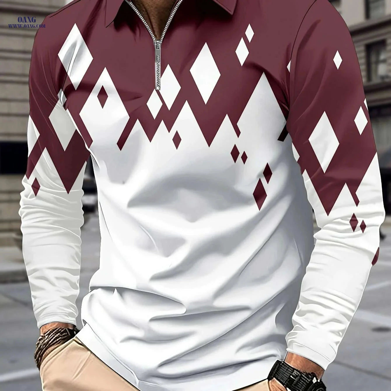 Casual Color Block Men's Long Sleeve Zipper Lapel Shirt - Stylish Fall Attire   OAXG 
