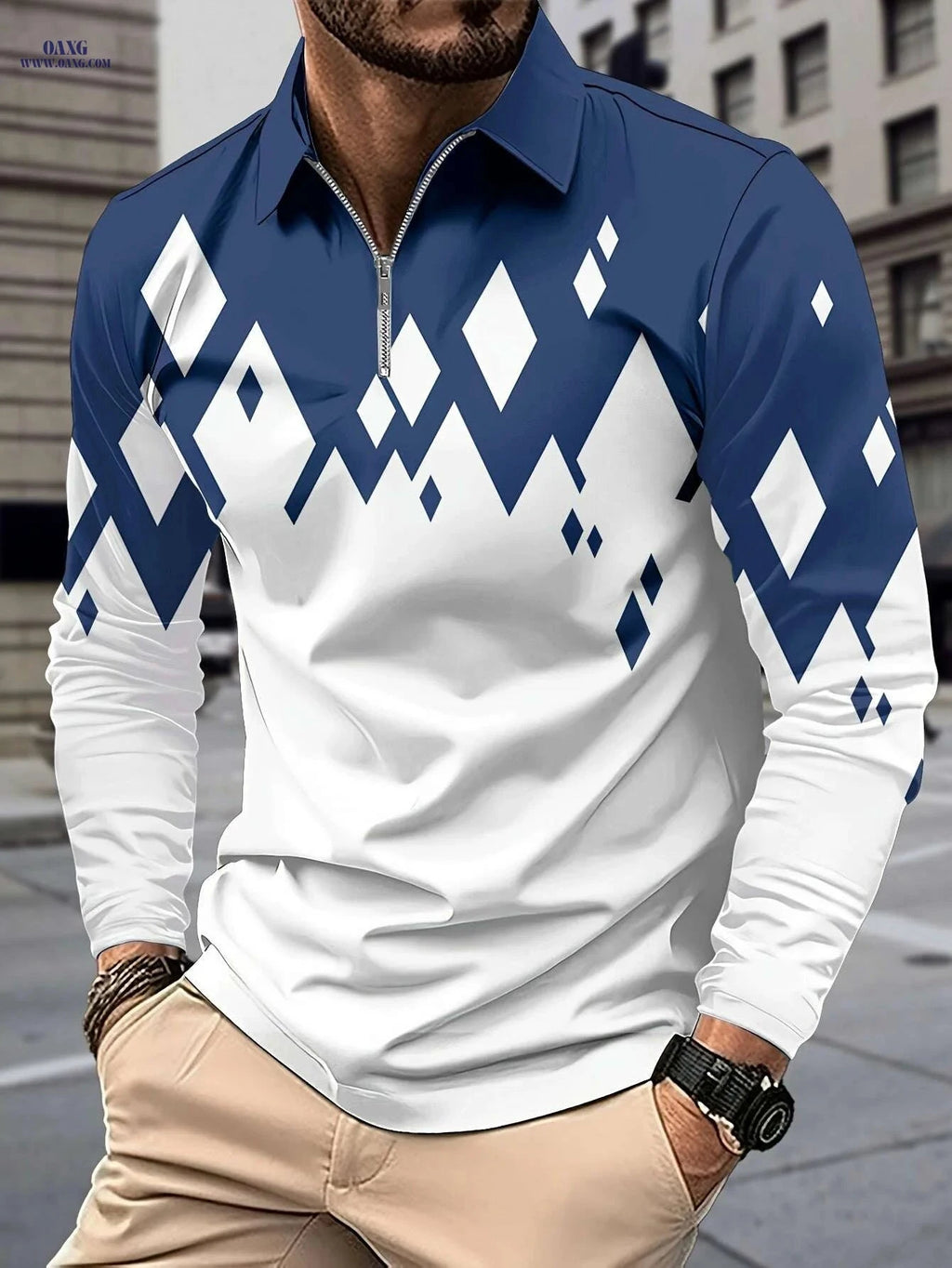 Casual Color Block Men's Long Sleeve Zipper Lapel Shirt - Stylish Fall Attire   OAXG 