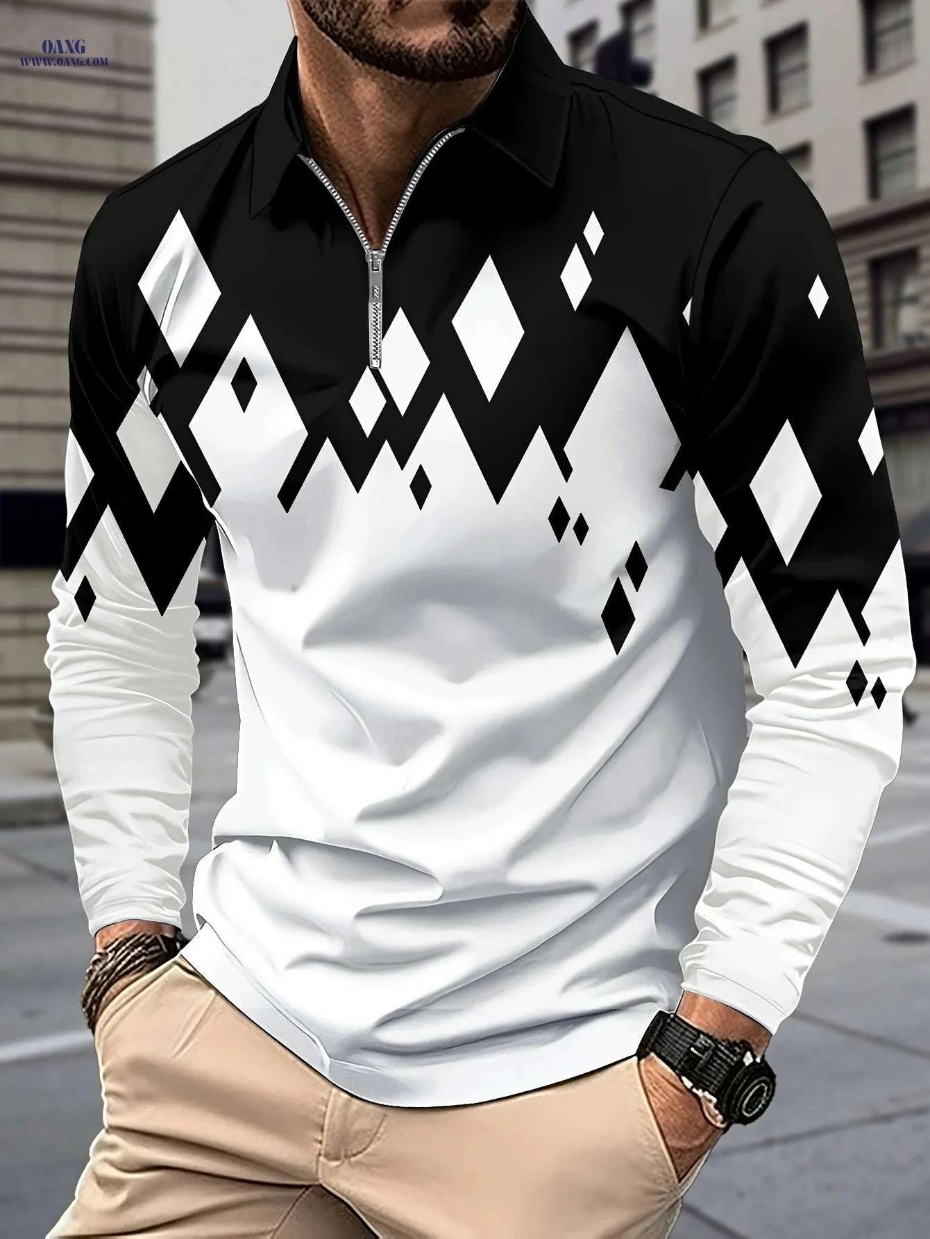 Casual Color Block Men's Long Sleeve Zipper Lapel Shirt - Stylish Fall Attire   OAXG 