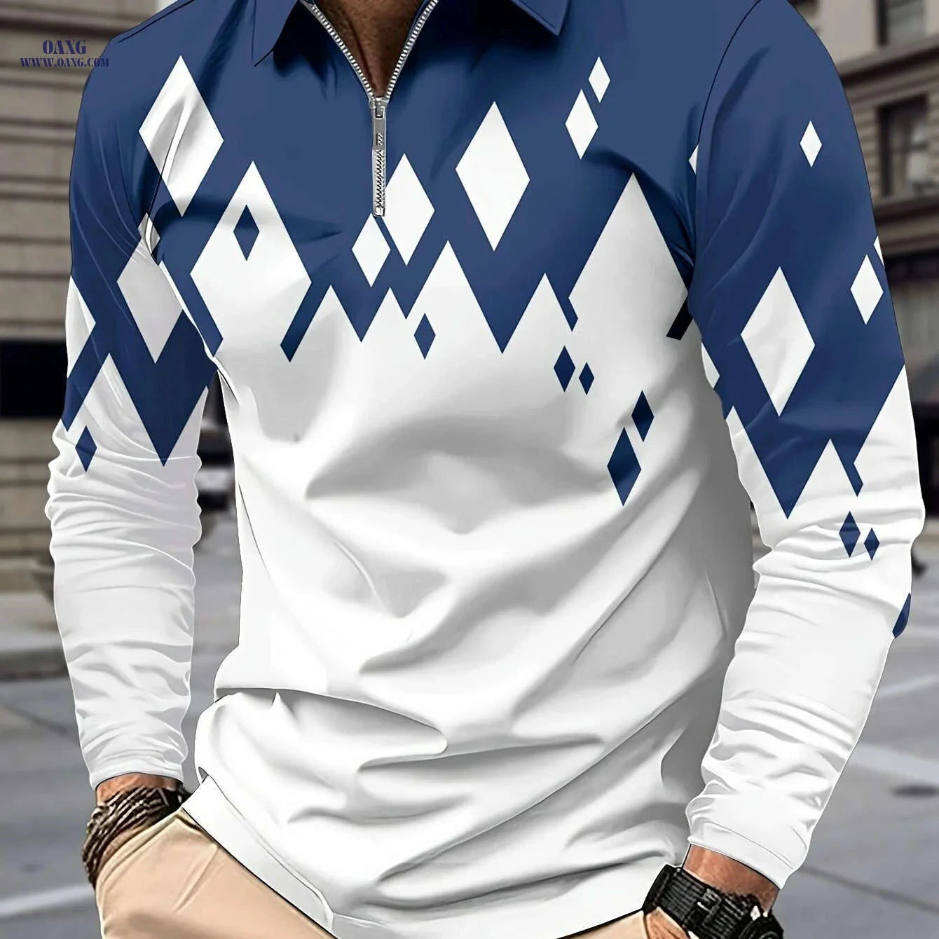 Casual Color Block Men's Long Sleeve Zipper Lapel Shirt - Stylish Fall Attire   OAXG Navy Blue / M