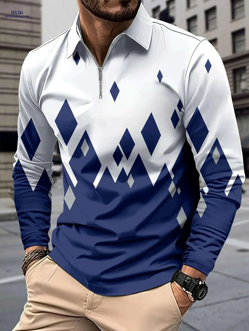 Casual Color Block Men's Long Sleeve Zipper Lapel Shirt - Stylish Fall Attire   OAXG Navy Blue / M