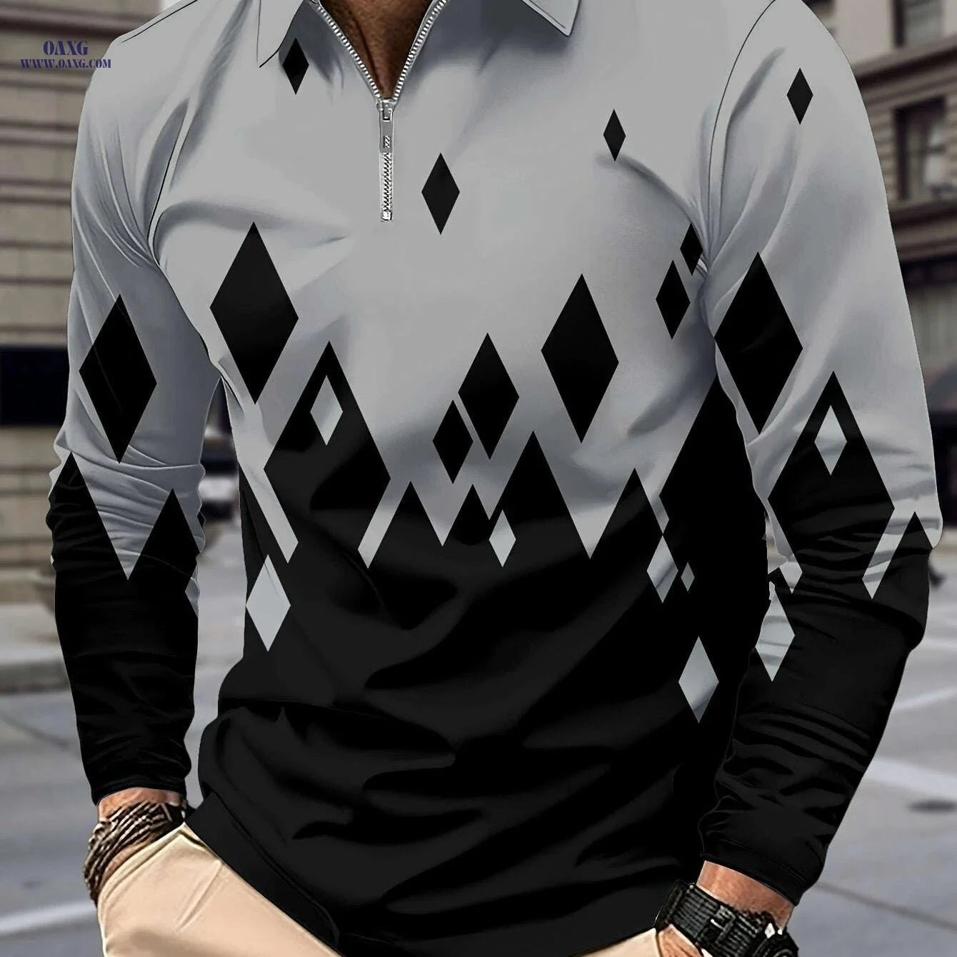 Casual Color Block Men's Long Sleeve Zipper Lapel Shirt - Stylish Fall Attire   OAXG Navy Blue / M