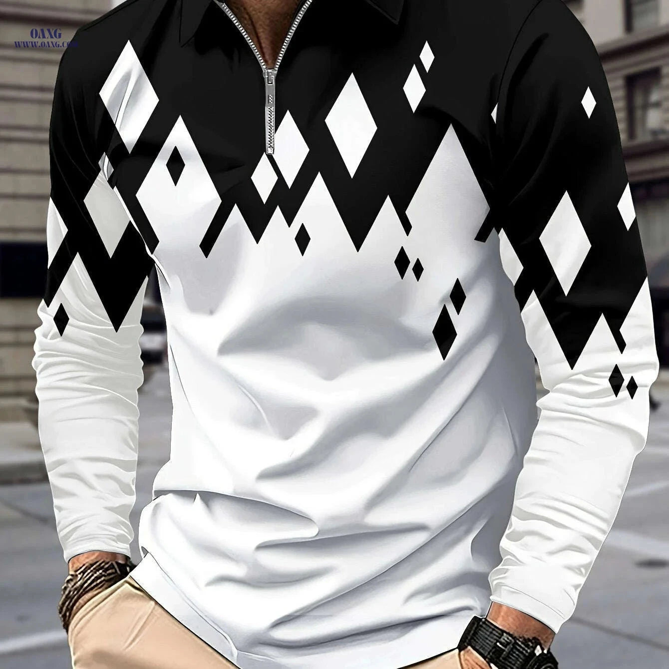 Casual Color Block Men's Long Sleeve Zipper Lapel Shirt - Stylish Fall Attire   OAXG Navy Blue / M