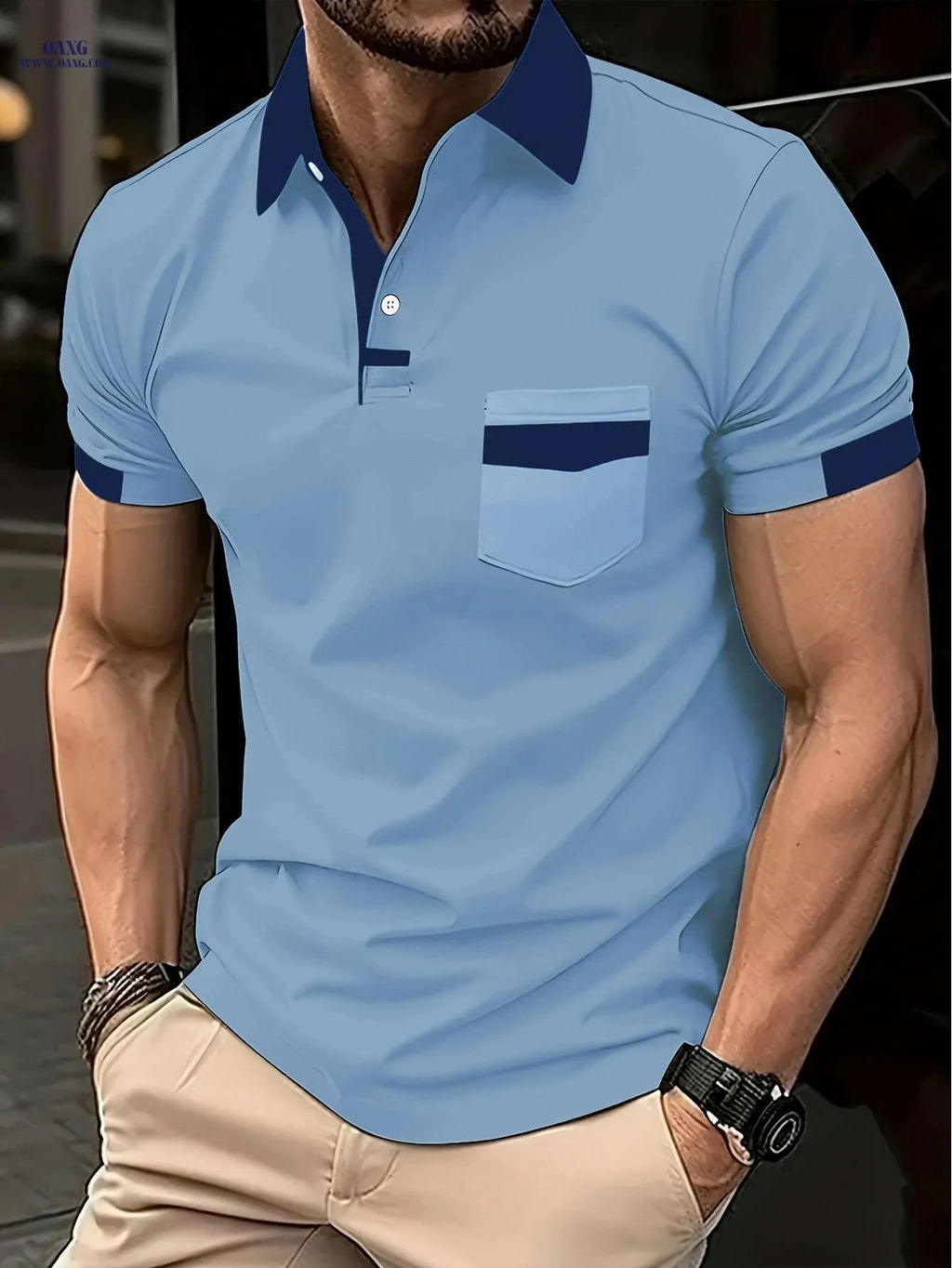 Casual Color Block Shirt for Men - Short Sleeve, Machine Washable   OAXG 