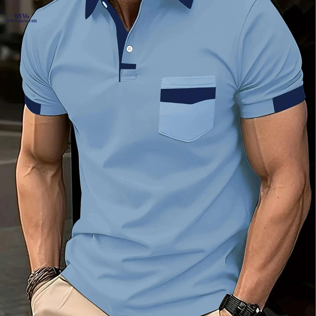 Casual Color Block Shirt for Men - Short Sleeve, Machine Washable   OAXG Military Blue / S