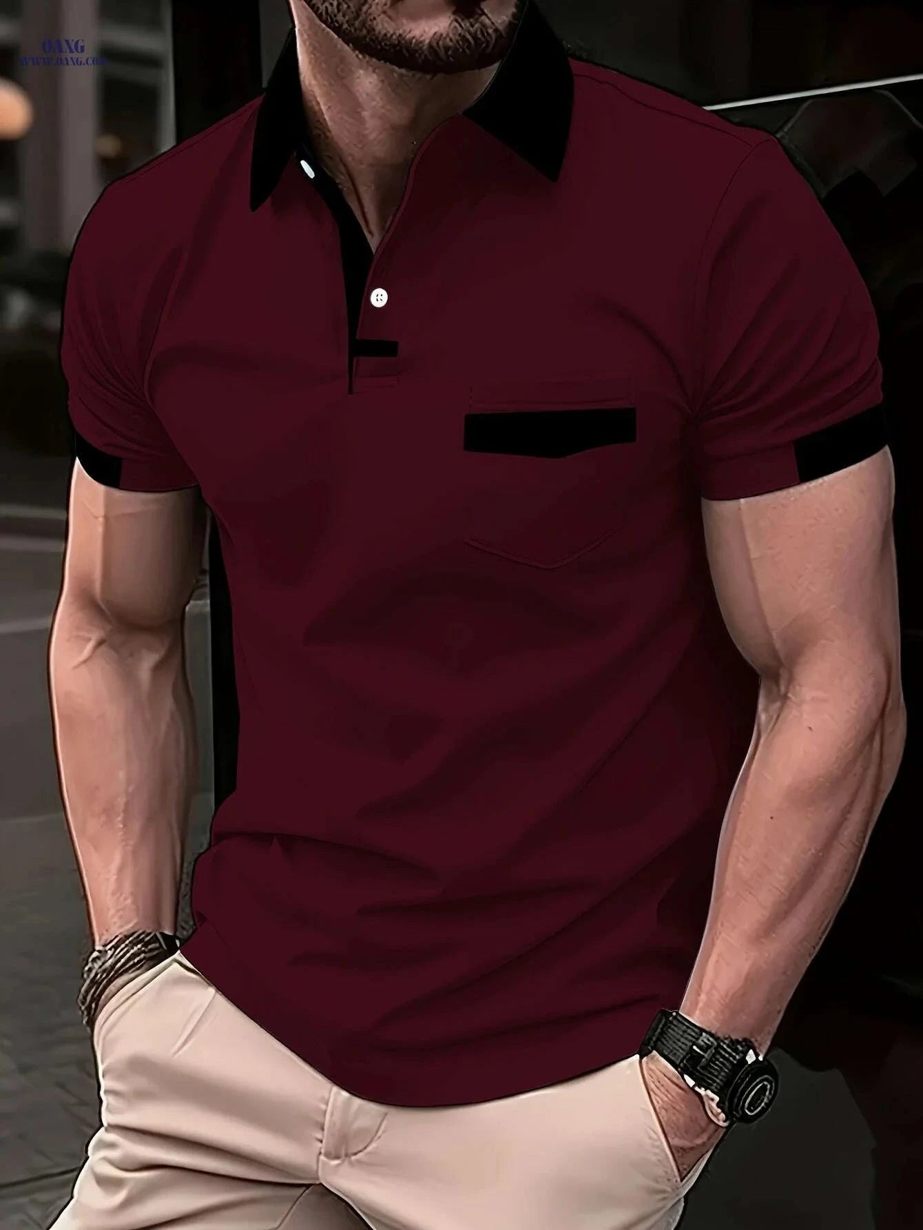 Casual Color Block Shirt for Men - Short Sleeve, Machine Washable   OAXG Military Blue / S