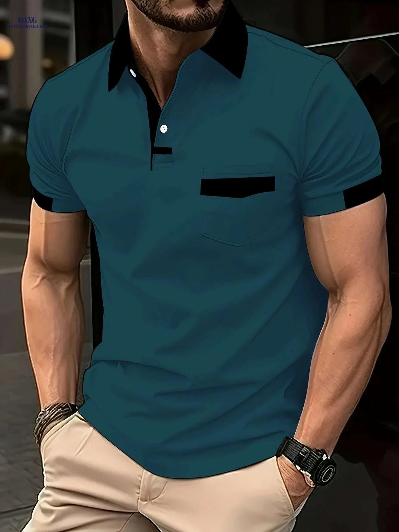 Casual Color Block Shirt for Men - Short Sleeve, Machine Washable   OAXG Military Blue / S