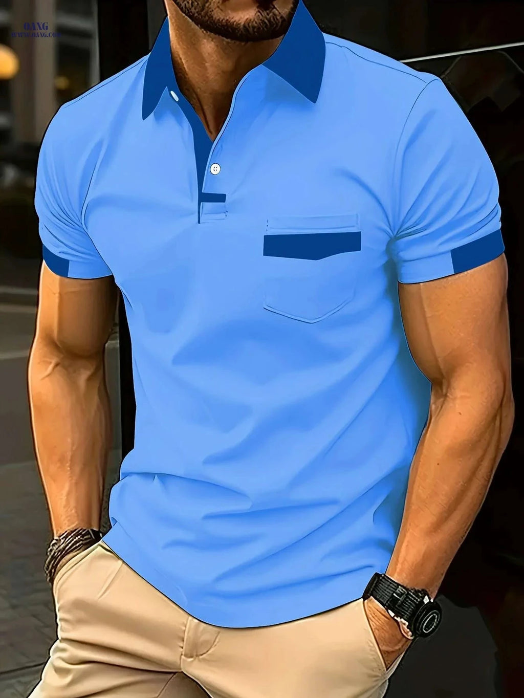 Casual Color Block Shirt for Men - Short Sleeve, Machine Washable   OAXG Military Blue / S