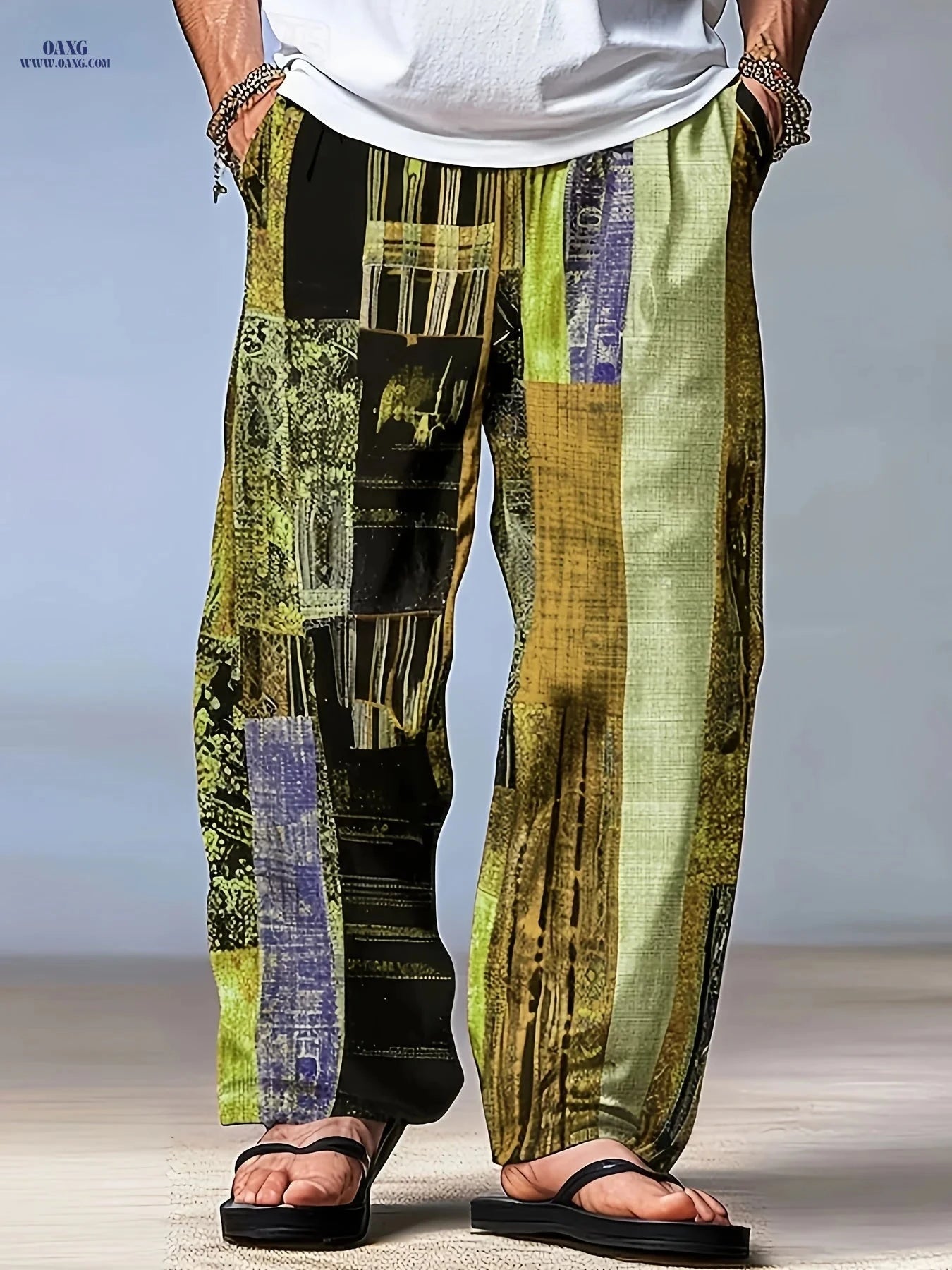 Casual Color-Blocked Men’s Long Pants - Mid Waist Drawstring Fit   OAXG 