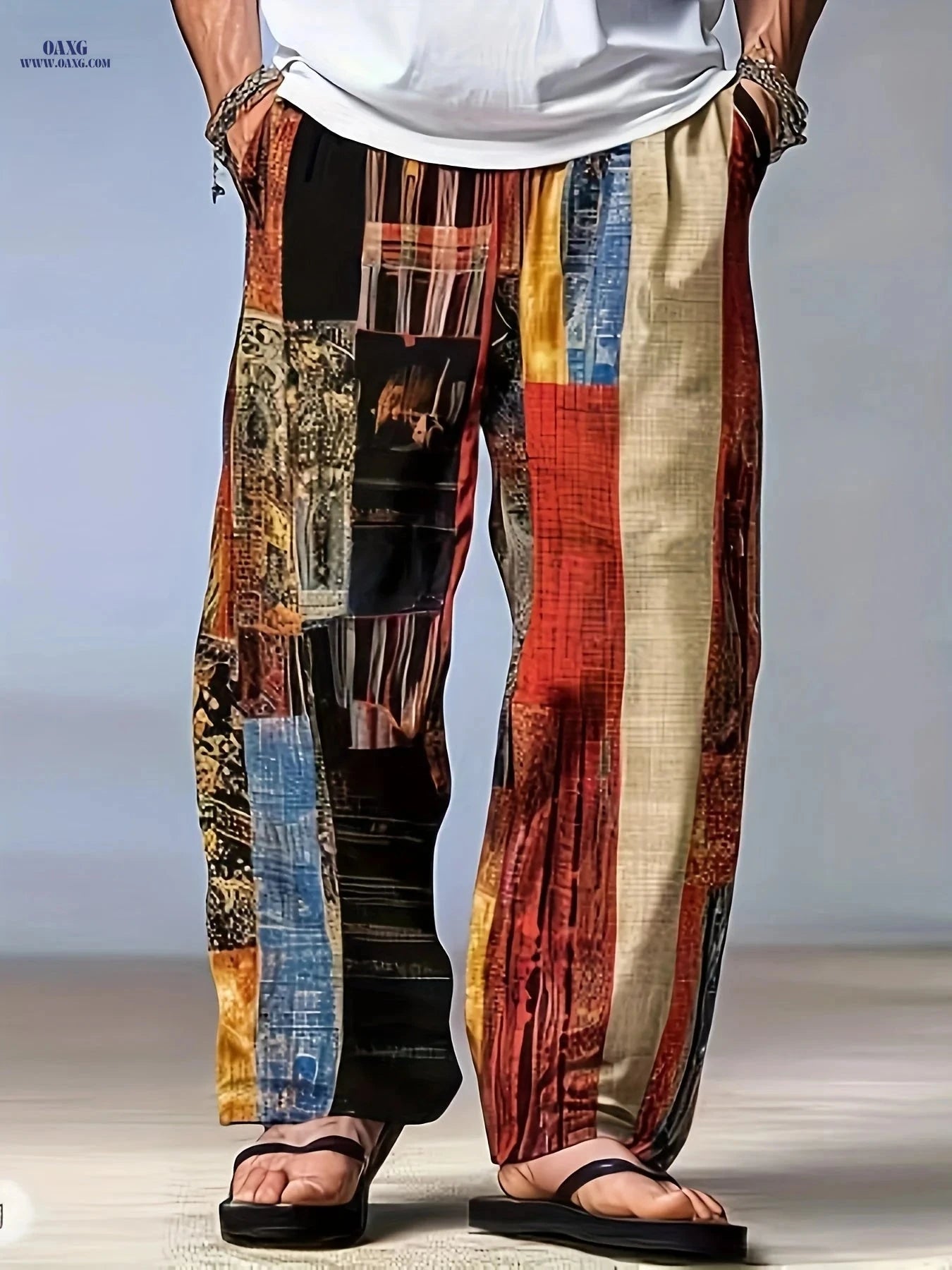 Casual Color-Blocked Men’s Long Pants - Mid Waist Drawstring Fit   OAXG 