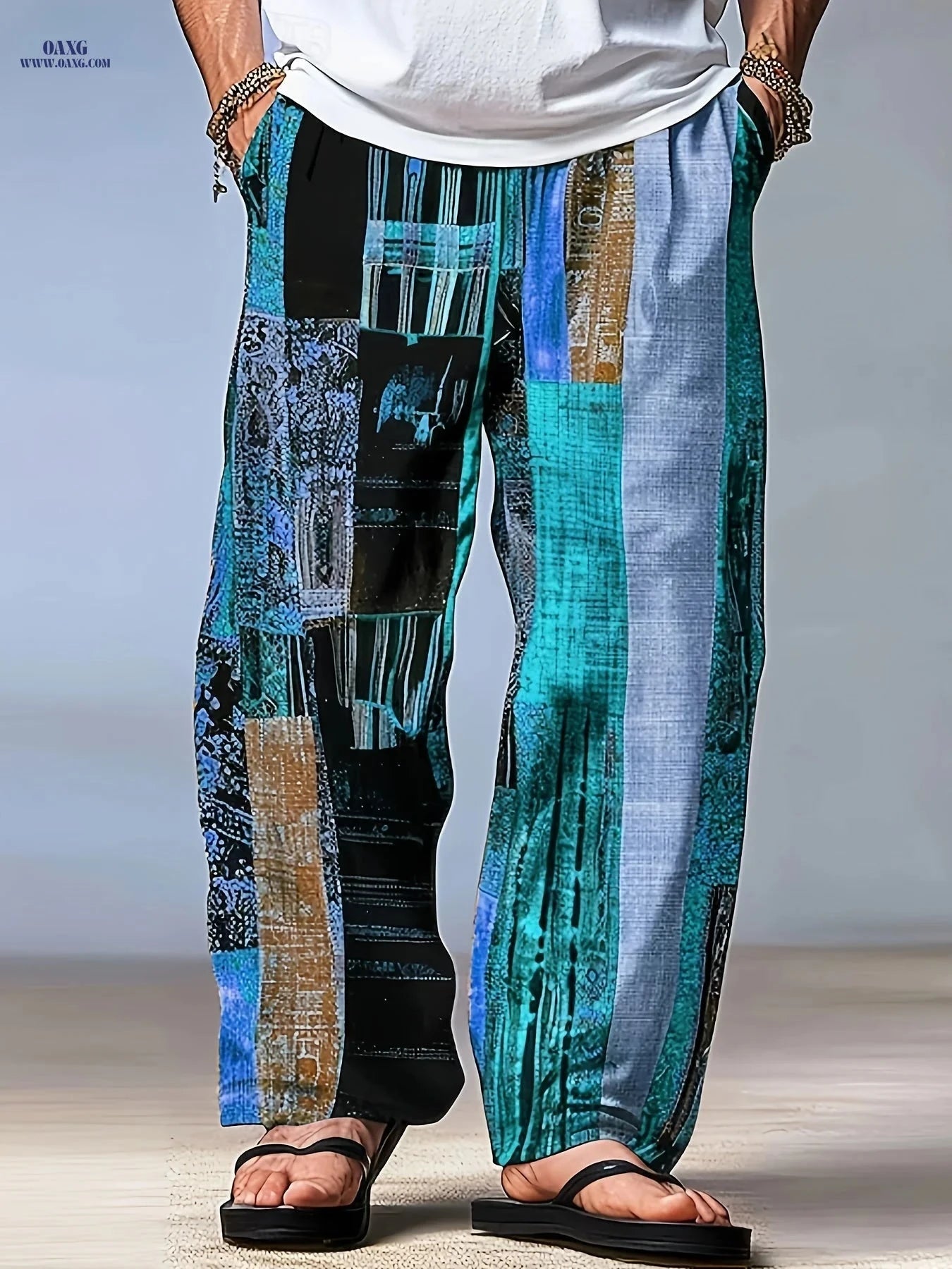 Casual Color-Blocked Men’s Long Pants - Mid Waist Drawstring Fit   OAXG 