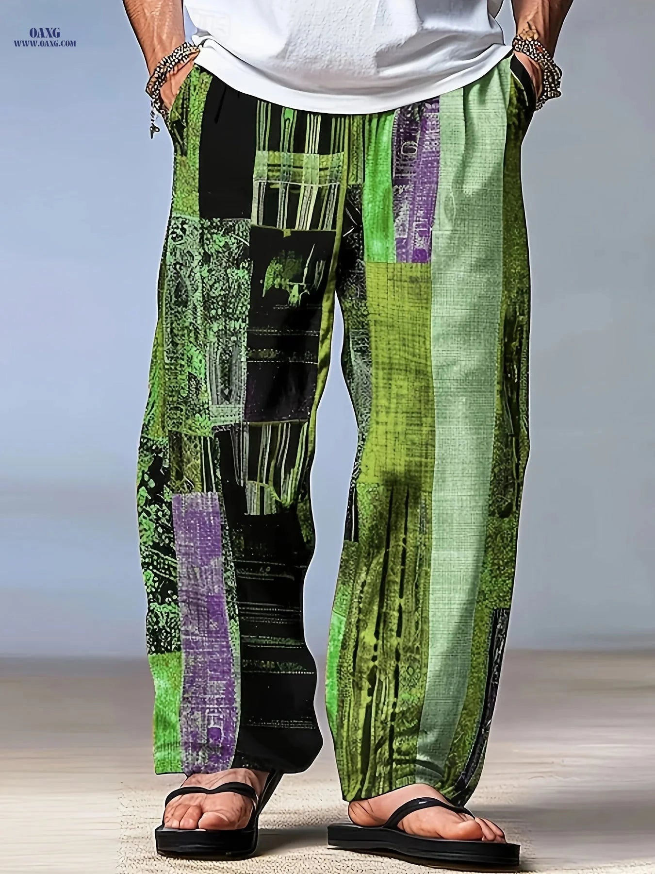 Casual Color-Blocked Men’s Long Pants - Mid Waist Drawstring Fit   OAXG Black+Red / FR S