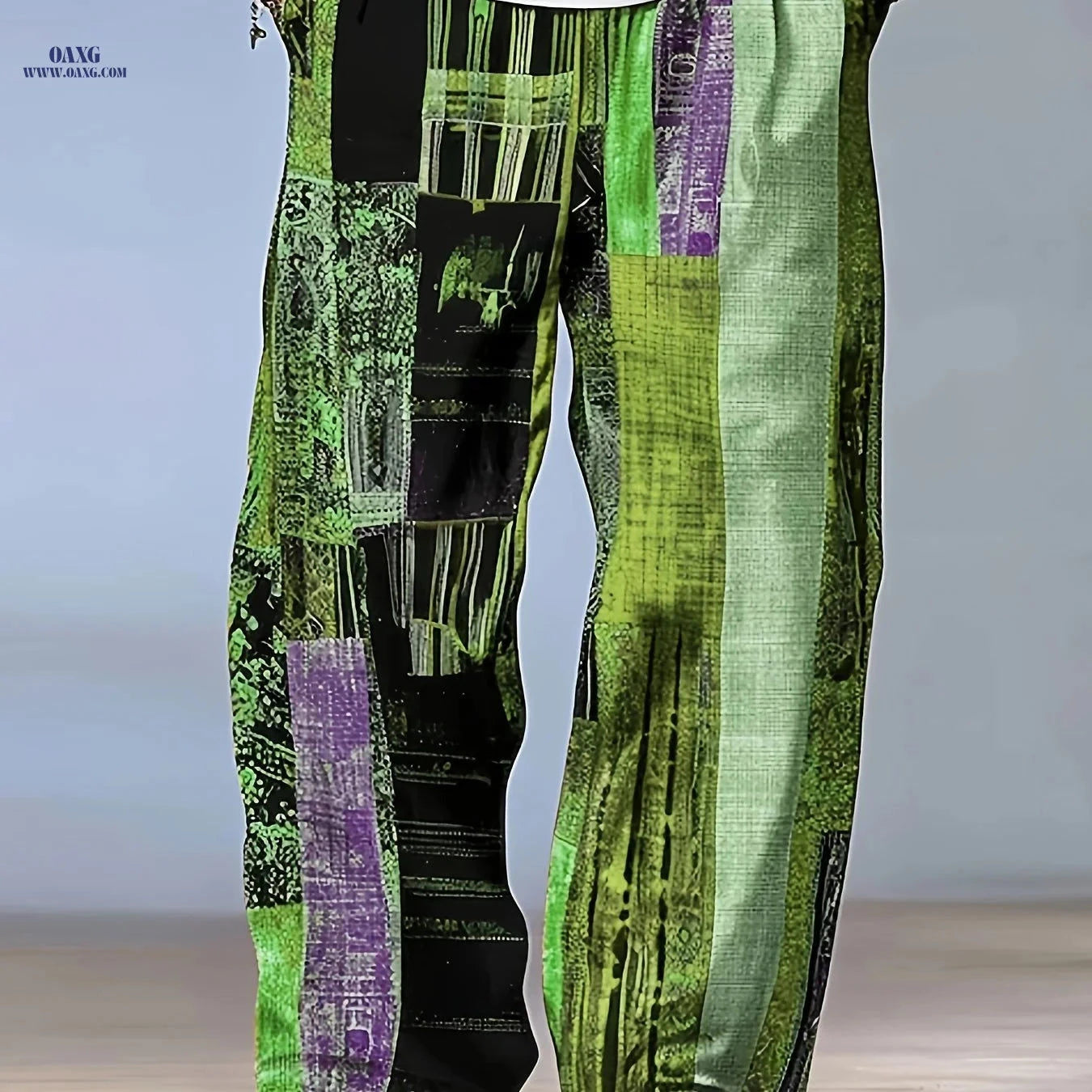Casual Color-Blocked Men’s Long Pants - Mid Waist Drawstring Fit   OAXG 