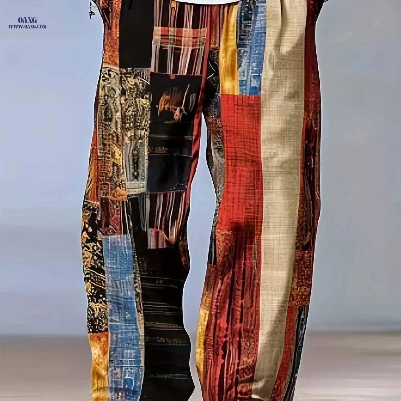 Casual Color-Blocked Men’s Long Pants - Mid Waist Drawstring Fit   OAXG 
