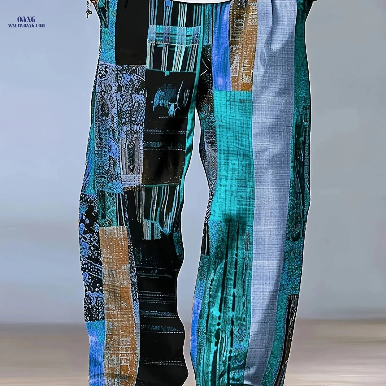Casual Color-Blocked Men’s Long Pants - Mid Waist Drawstring Fit   OAXG 