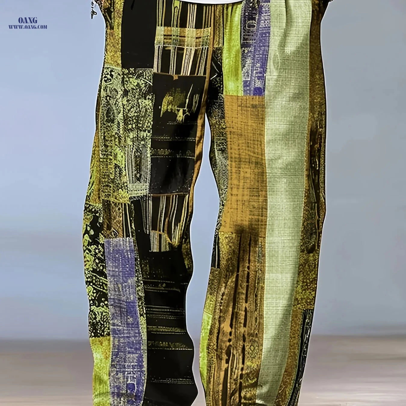 Casual Color-Blocked Men’s Long Pants - Mid Waist Drawstring Fit   OAXG 