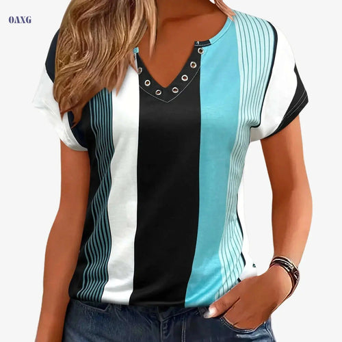 Casual Colorblock Stripe V-Neck T-Shirt - Short Sleeve Summer Top   OAXG 