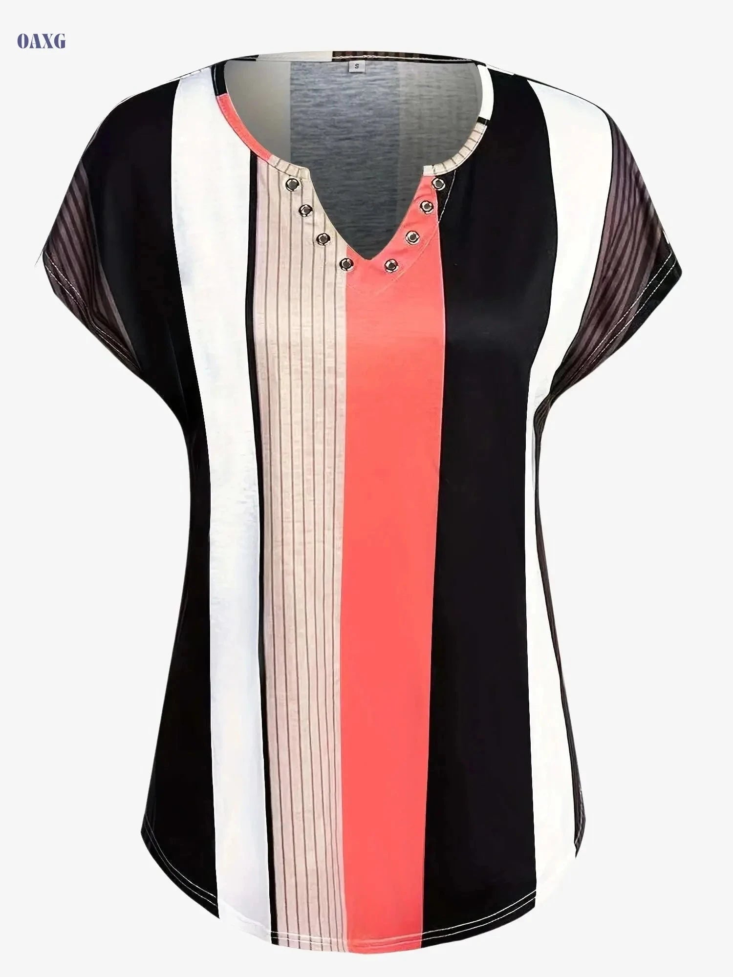 Casual Colorblock Stripe V-Neck T-Shirt - Short Sleeve Summer Top   OAXG Brick Red / S