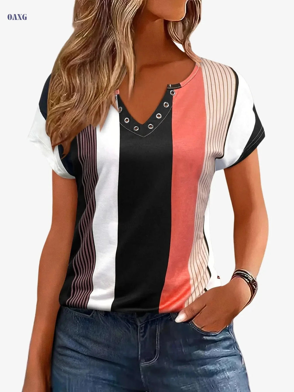 Casual Colorblock Stripe V-Neck T-Shirt - Short Sleeve Summer Top   OAXG Brick Red / S