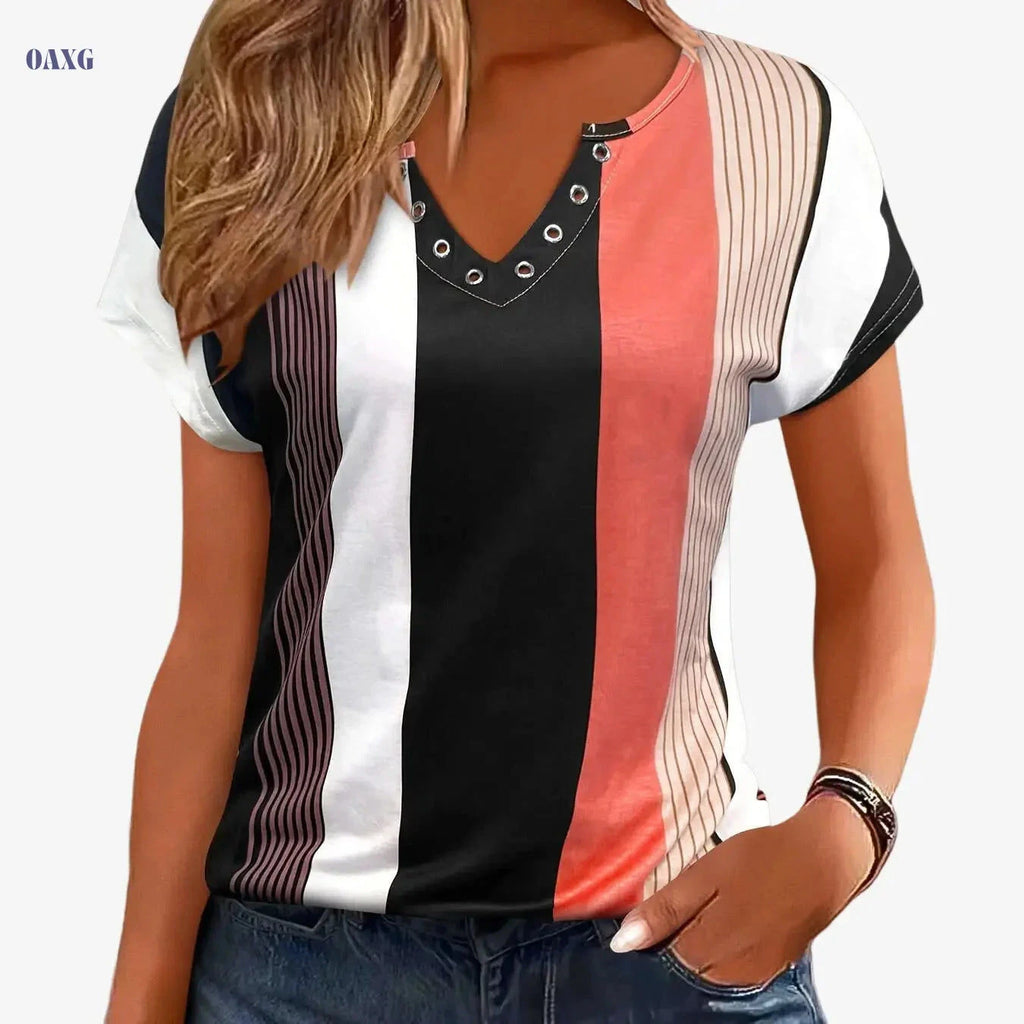 Casual Colorblock Stripe V-Neck T-Shirt - Short Sleeve Summer Top   OAXG 