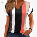 Casual Colorblock Stripe V-Neck T-Shirt - Short Sleeve Summer Top   OAXG 