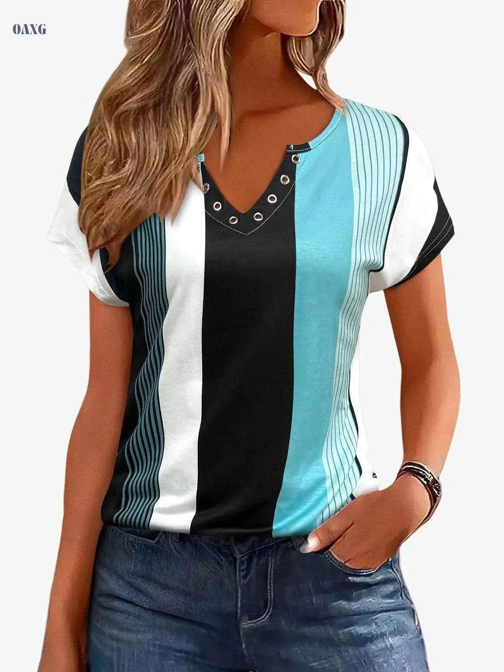 Casual Colorblock Stripe V-Neck T-Shirt - Short Sleeve Summer Top   OAXG 