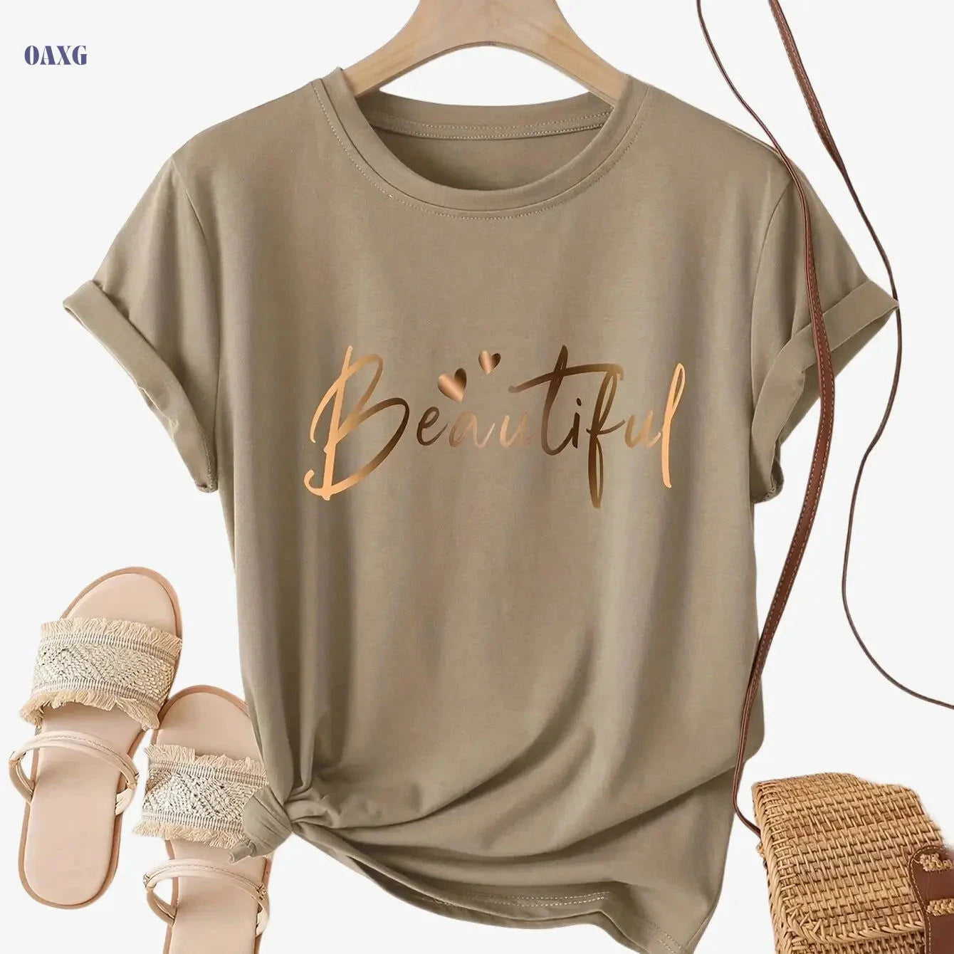 Casual Crew Neck Ladies T-Shirt - "Beautiful" Heart Print, Black   OAXG 