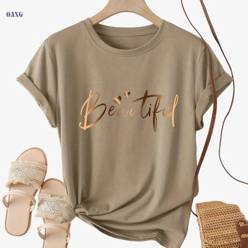 Casual Crew Neck Ladies T-Shirt - "Beautiful" Heart Print, Black   OAXG 