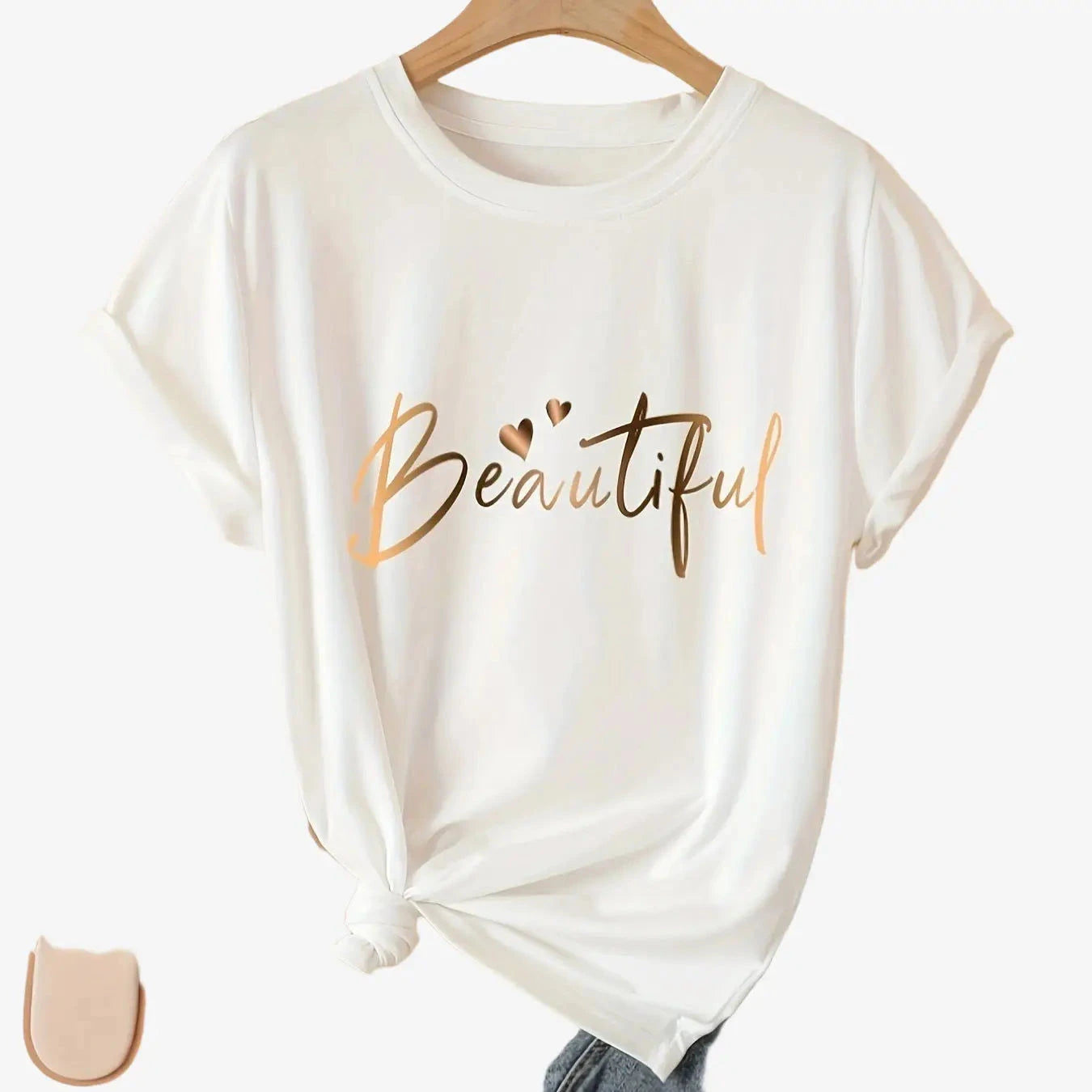 Casual Crew Neck Ladies T-Shirt - "Beautiful" Heart Print, Black   OAXG 
