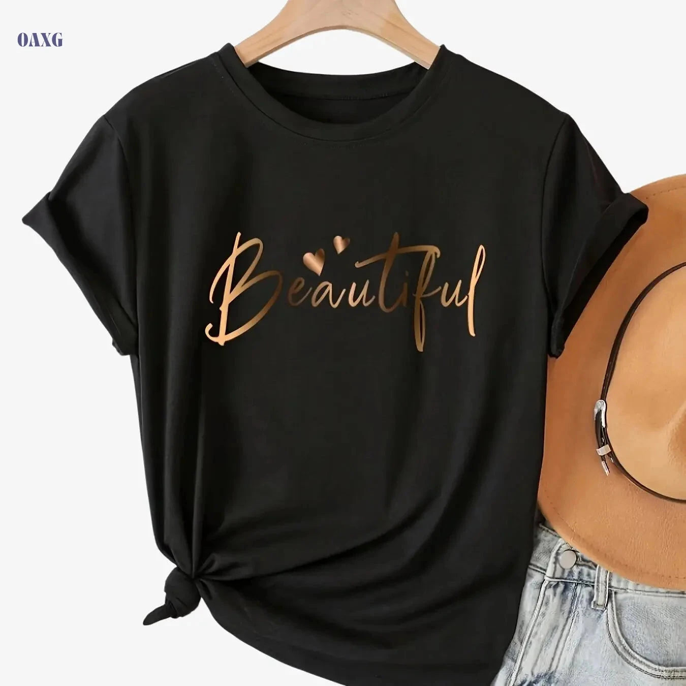 Casual Crew Neck Ladies T-Shirt - "Beautiful" Heart Print, Black   OAXG 