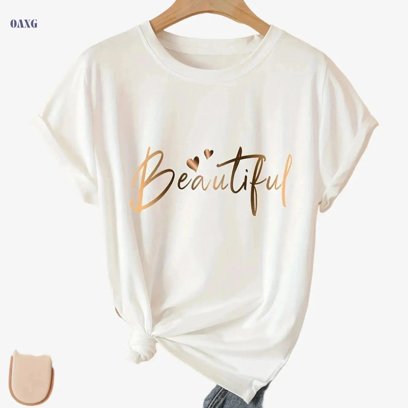 Casual Crew Neck Ladies T-Shirt - "Beautiful" Heart Print, Black   OAXG 