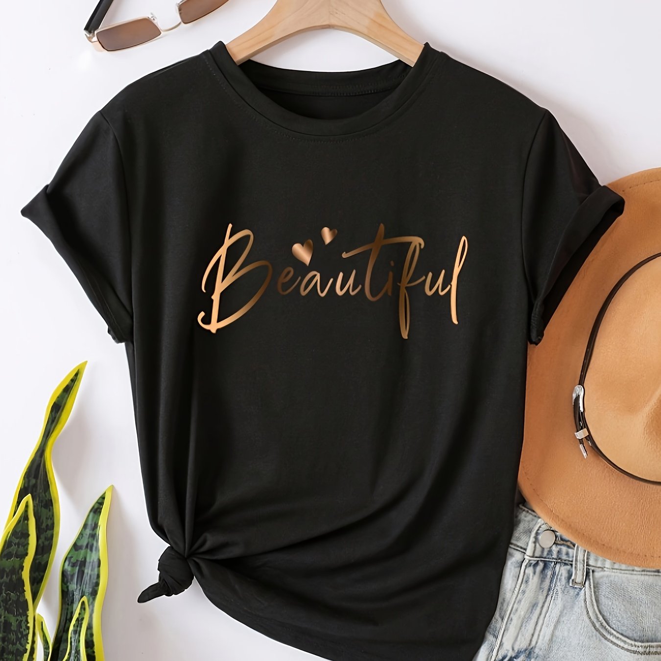Casual Crew Neck Ladies T-Shirt - "Beautiful" Heart Print, Black   OAXG 