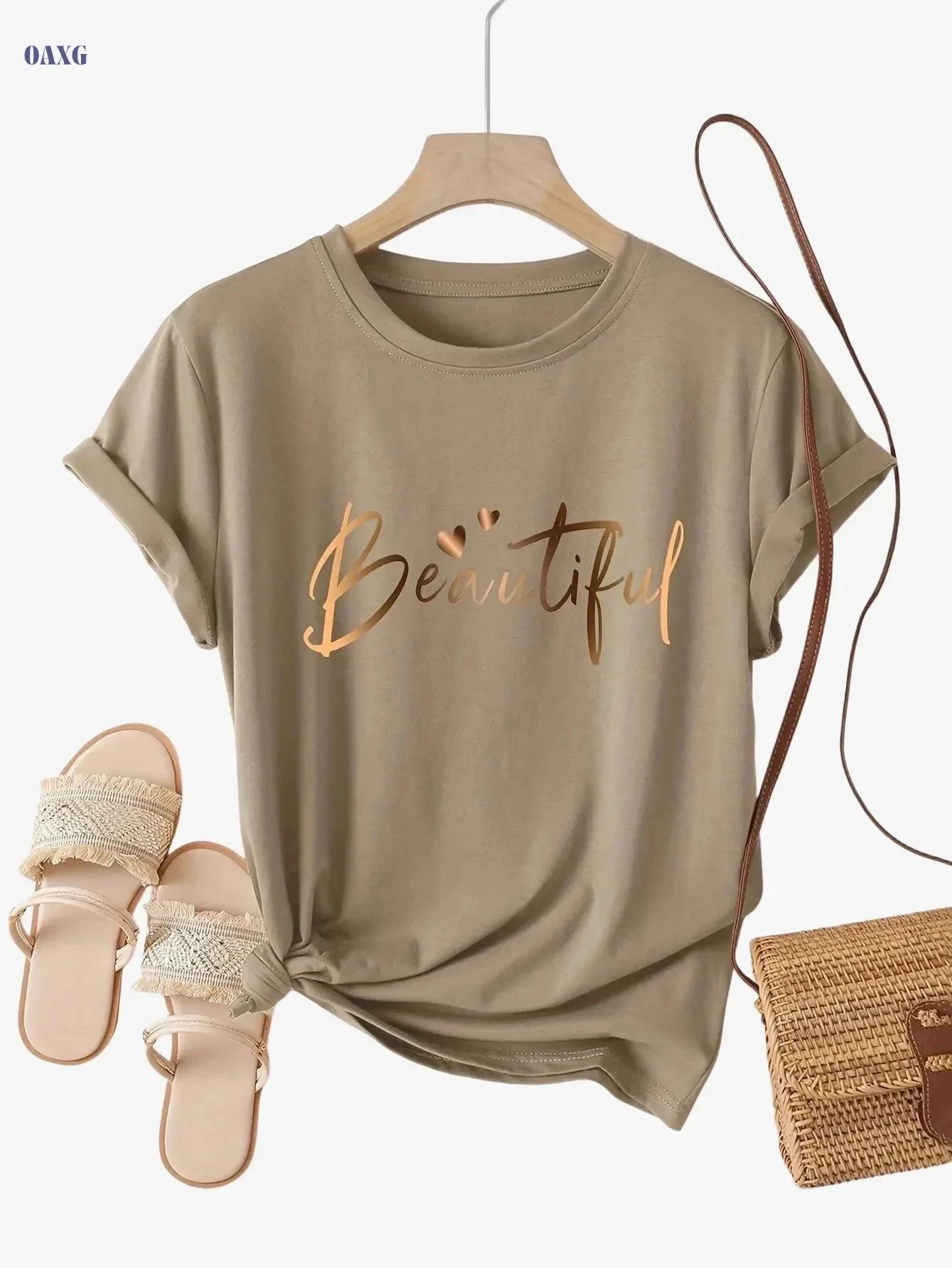 Casual Crew Neck Ladies T-Shirt - "Beautiful" Heart Print, Black   OAXG 