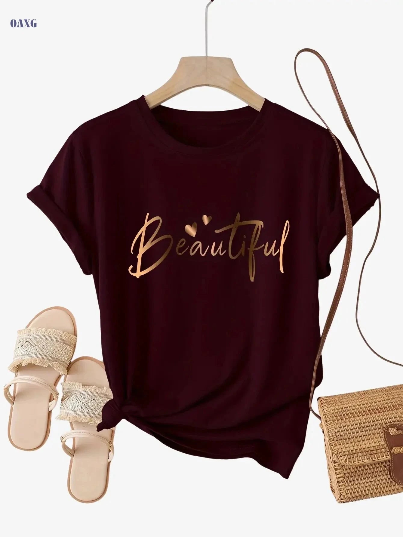 Casual Crew Neck Ladies T-Shirt - "Beautiful" Heart Print, Black   OAXG 