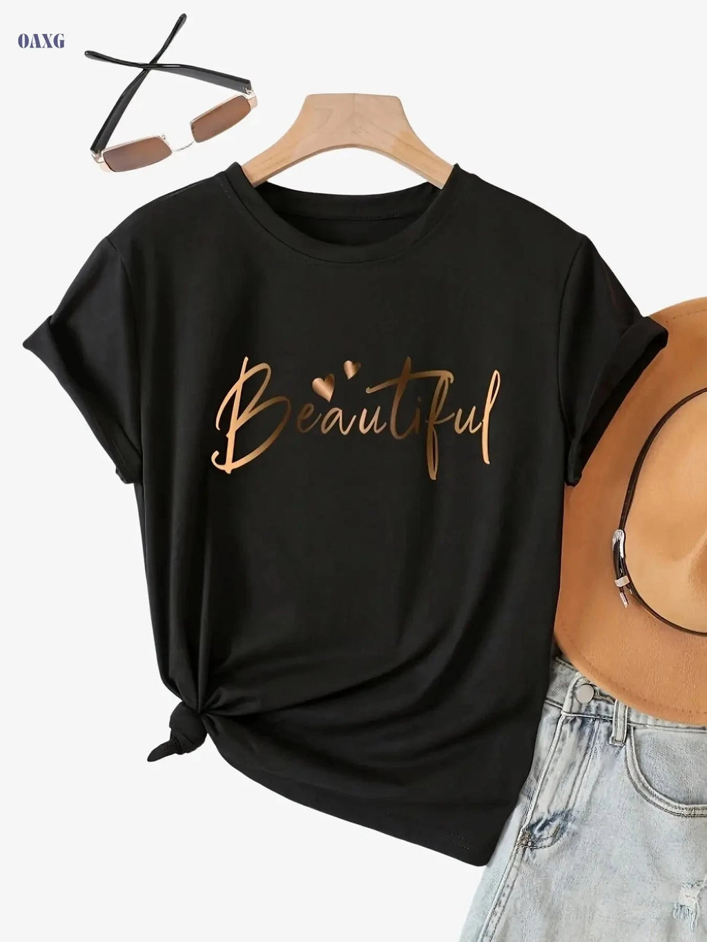Casual Crew Neck Ladies T-Shirt - "Beautiful" Heart Print, Black   OAXG Khaki / XS