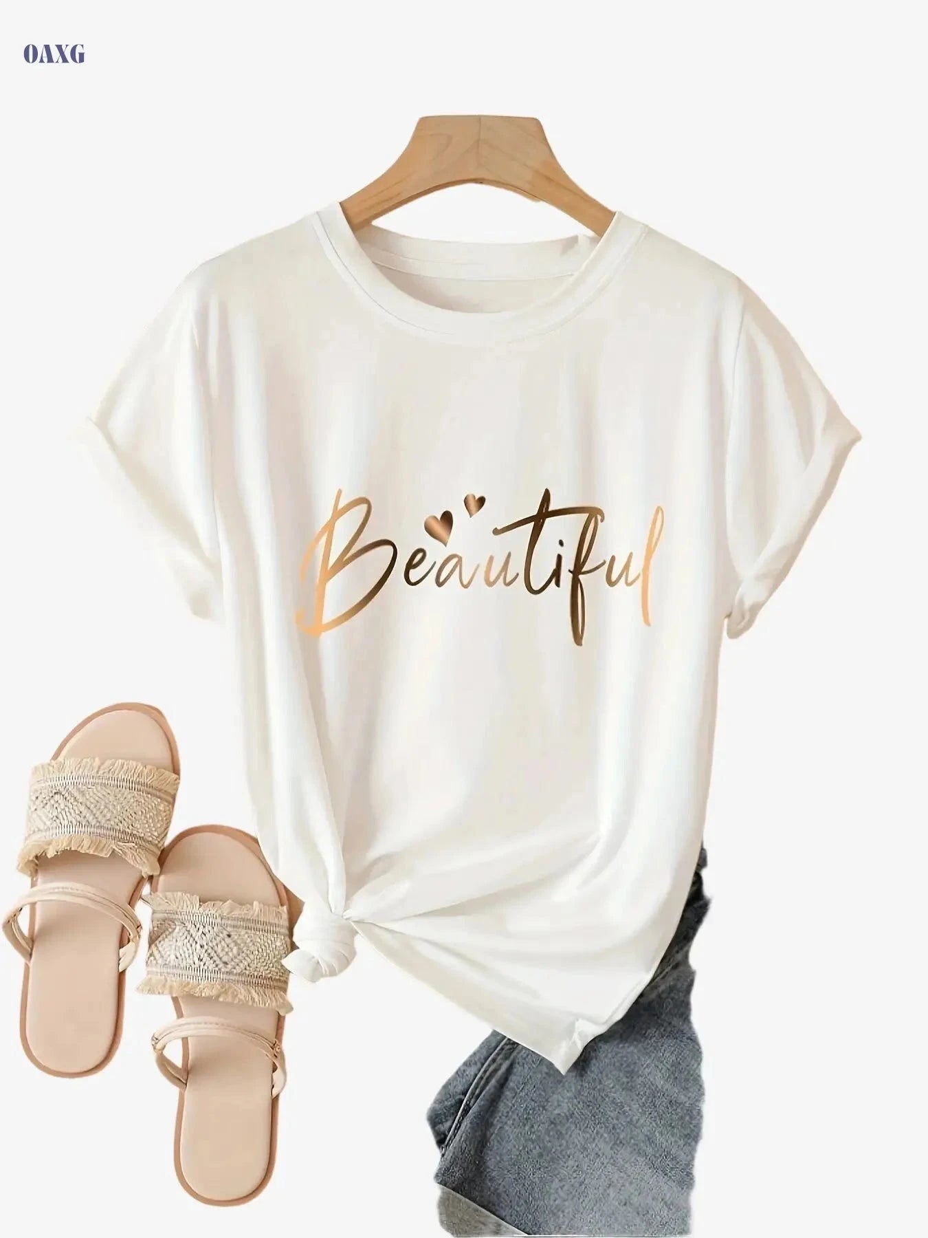 Casual Crew Neck Ladies T-Shirt - "Beautiful" Heart Print, Black   OAXG Khaki / XS