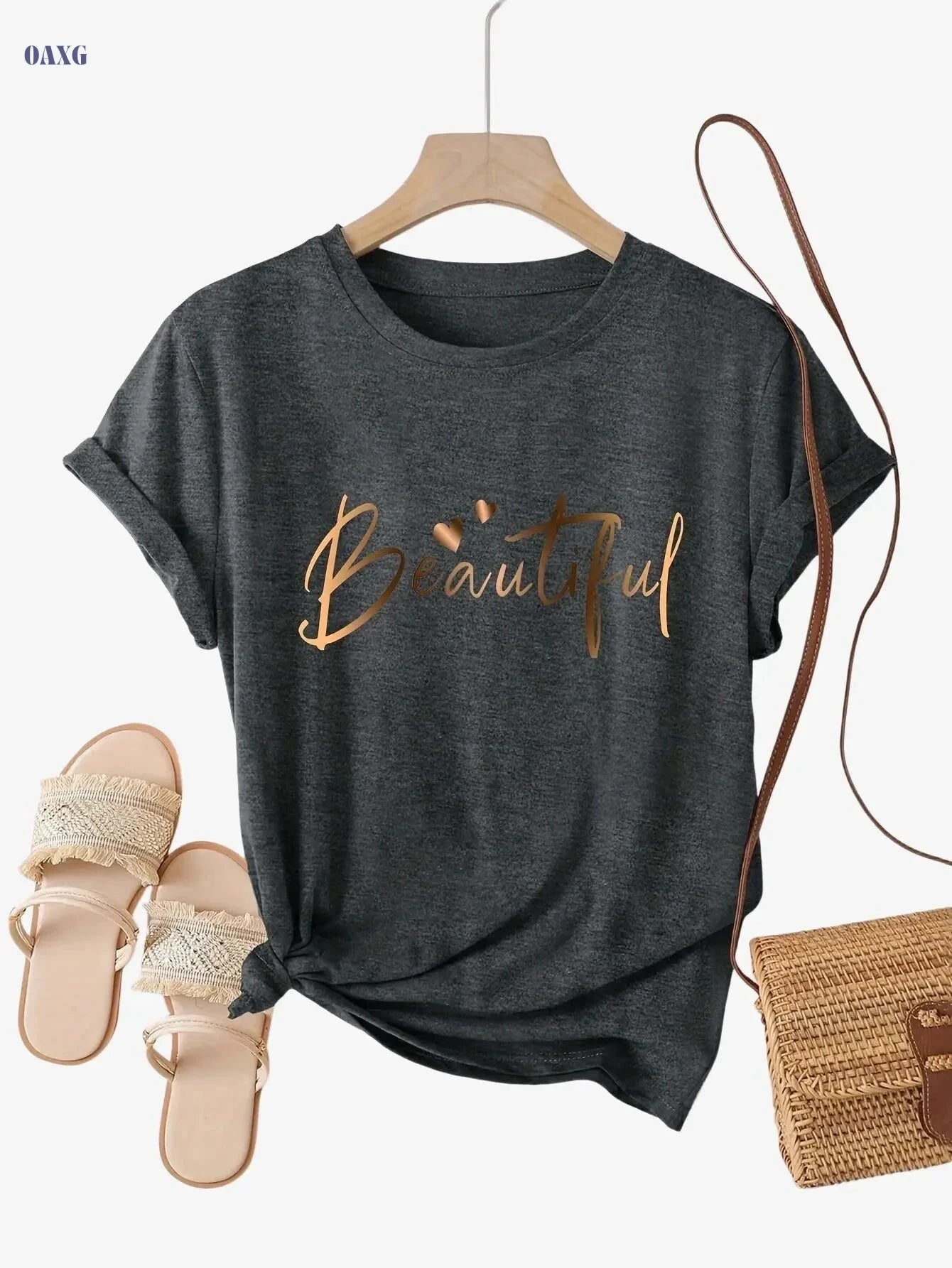 Casual Crew Neck Ladies T-Shirt - "Beautiful" Heart Print, Black   OAXG 