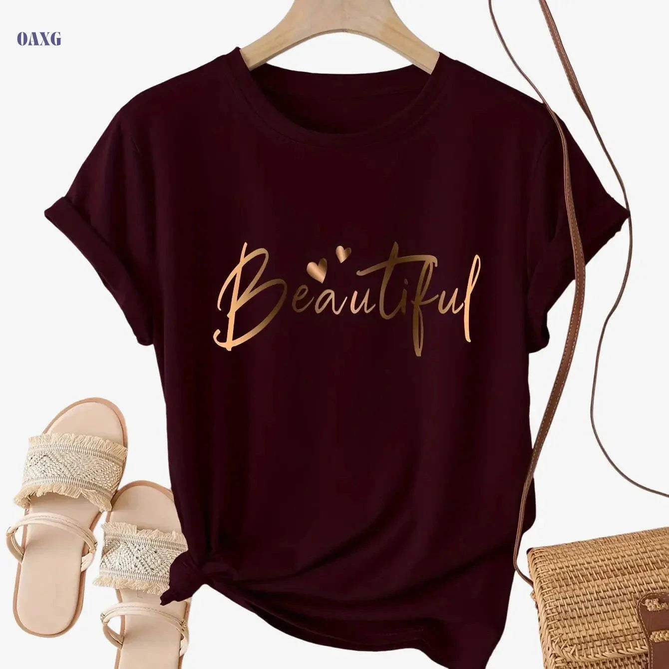 Casual Crew Neck Ladies T-Shirt - "Beautiful" Heart Print, Black   OAXG 