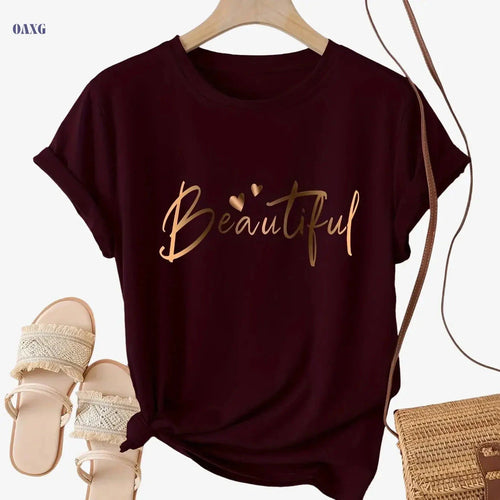 Casual Crew Neck Ladies T-Shirt - "Beautiful" Heart Print, Black   OAXG 