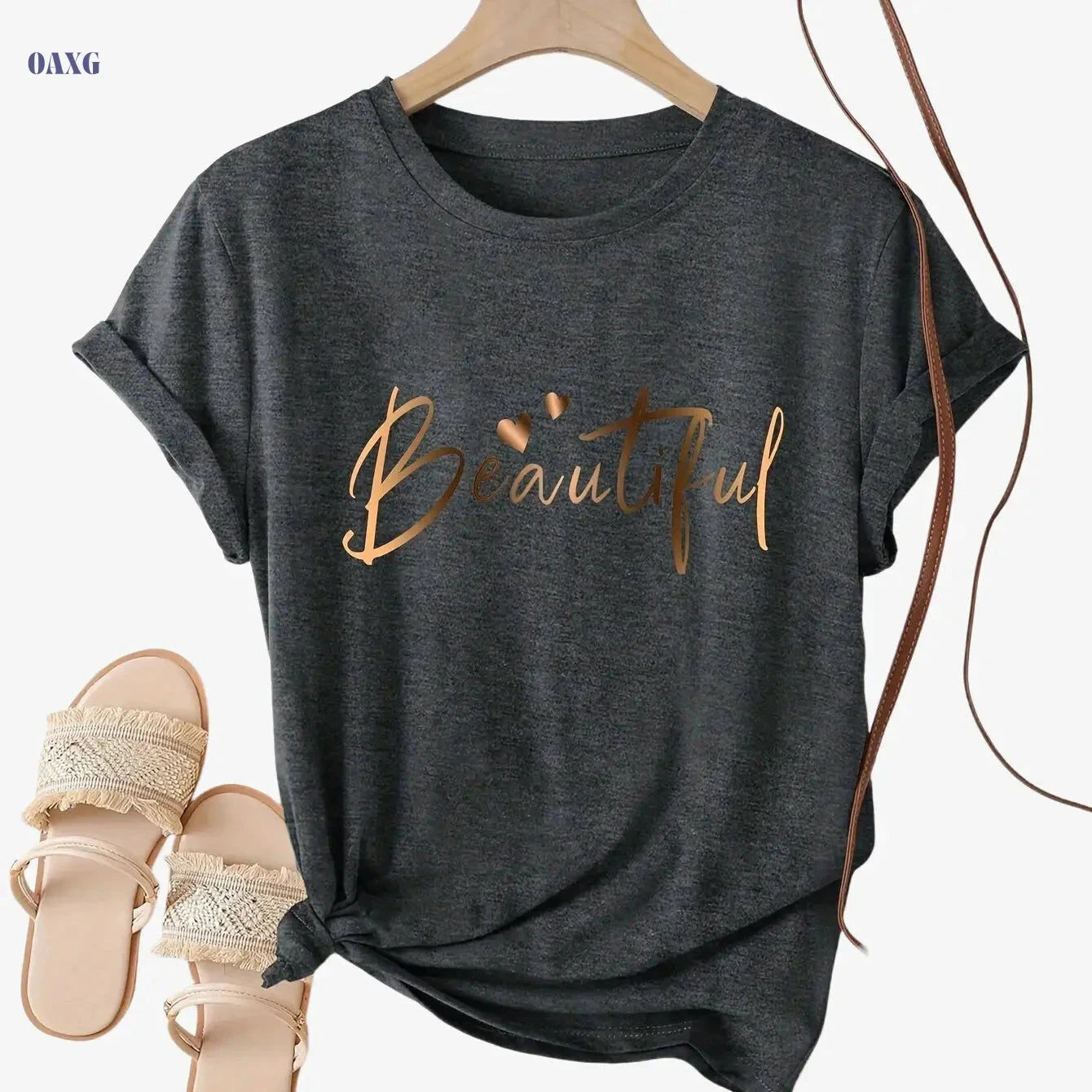Casual Crew Neck Ladies T-Shirt - "Beautiful" Heart Print, Black   OAXG 