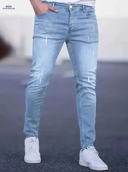 Casual Denim Ankle Pants for Men - Ripped Skinny Fit, Summer Style   OAXG Peacock Blue / FR S