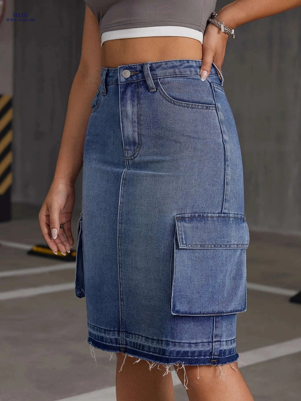 Casual Denim Mid-Skirt with Pockets - Ideal for Spring & Summer   OAXG Medium Blue / S