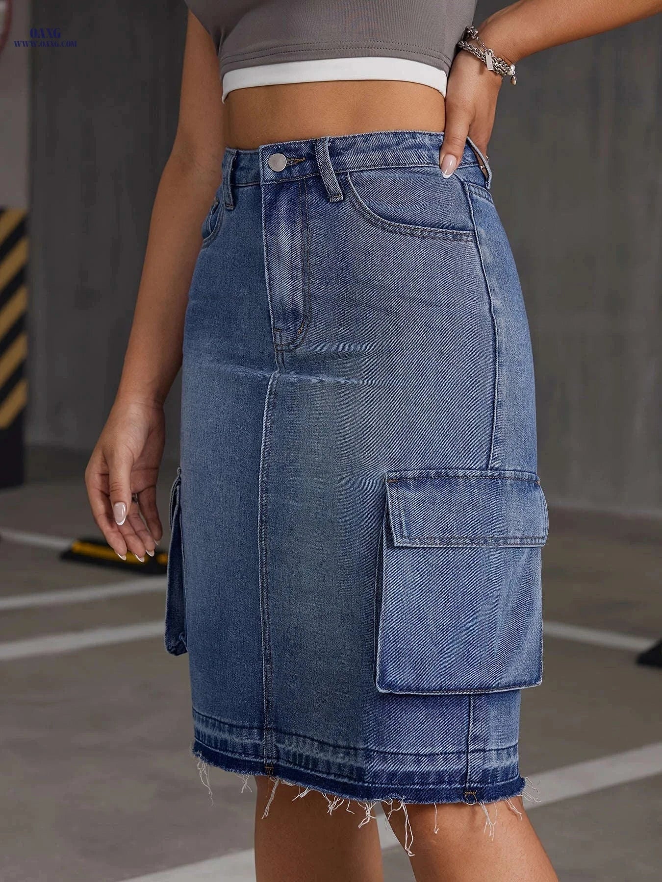Casual Denim Mid-Skirt with Pockets - Ideal for Spring & Summer   OAXG Medium Blue / S